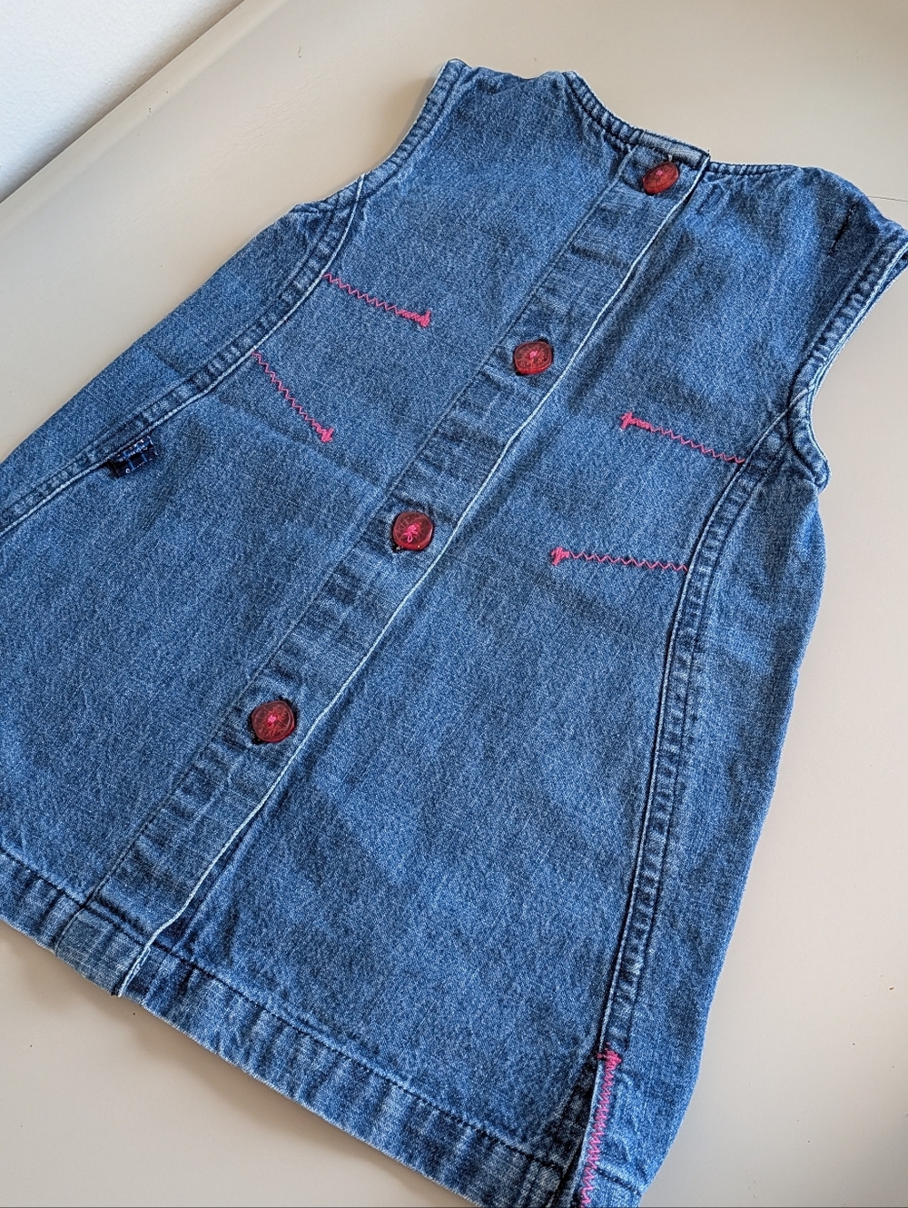 VINTAGE - Souris Mini - 12M  Denim Pinafore Dress with Embroidered Pink Girly - Picture 4 of 7
